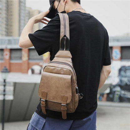 lovevop Men Retro Earphone Hole Multi-carry USB Charging Multi-Layers Waterproof Crossbody Bag Chest Bag Sling Bag