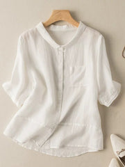 Lovevop Cotton Linen Half Sleeve Doll Collar Loose Shirt