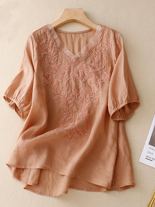 Lovevop Cotton Retro Embroidered Solid Color Shirt