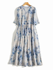 Lovevop Floral Cotton Linen V-Neck Printed Swing Dress