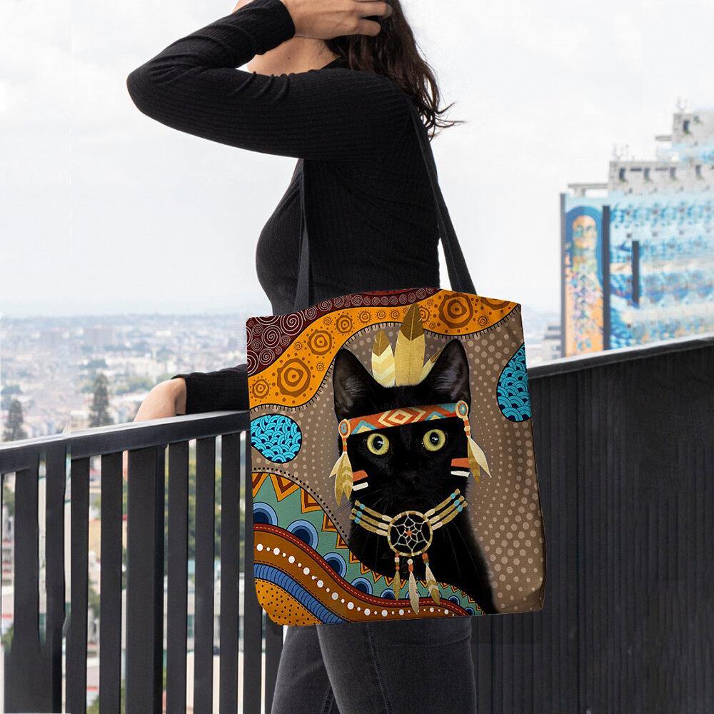 lovevop Women Felt Cute Cartoon Egyptian Dressed Black Cat Pattern Shoulder Bag Handbag Tote