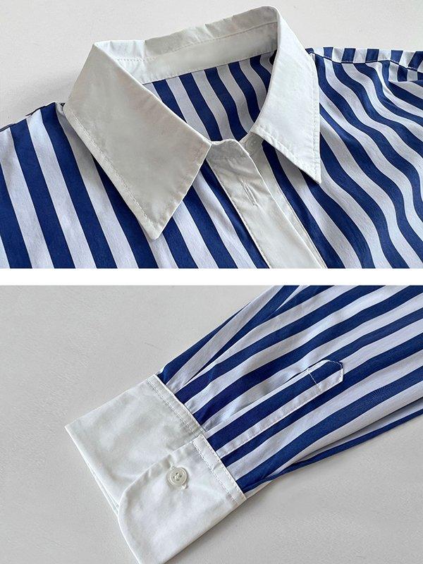 lovevop Simple Long Sleeves Contrast Color Striped Lapel Blouse Top