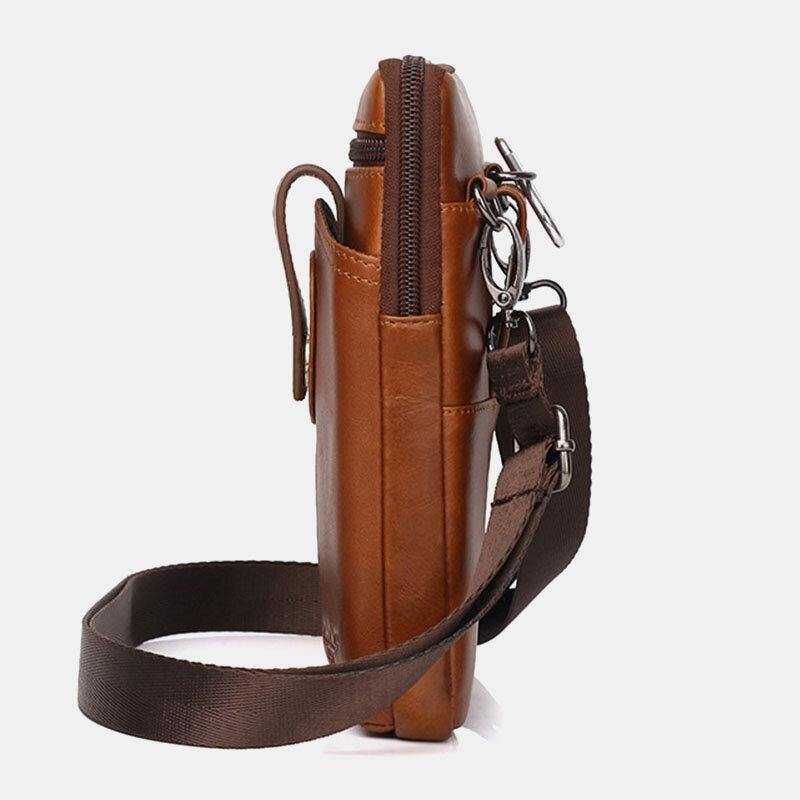 lovevop Men Genuine Leather Vintage Multifunctional 6.5 Inch Zipper Hasp Phone Bag Crossbody Bag Waist Bag