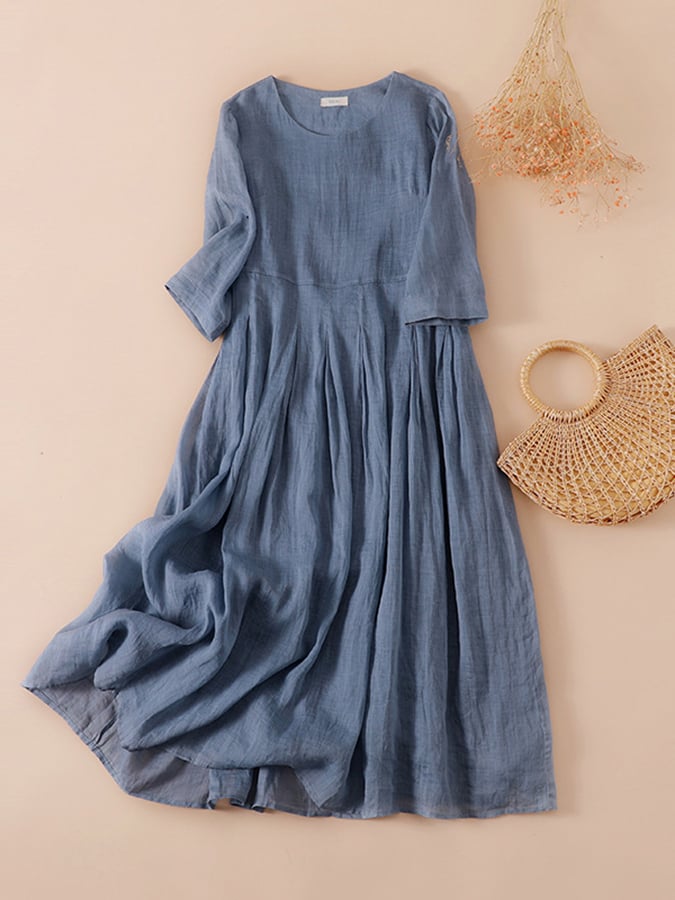 Lovevop Ramie Solid Loose Pleated Dress