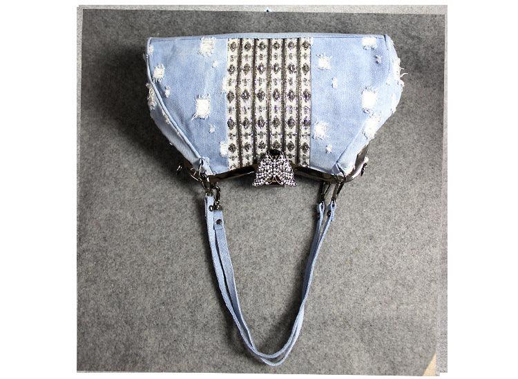 lovevop Light Blue Denim Butterfly Clip Diamond Crossbody Bag