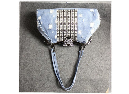 lovevop Light Blue Denim Butterfly Clip Diamond Crossbody Bag