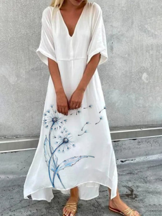 Cotton and Linen Print Casual Loose Dress