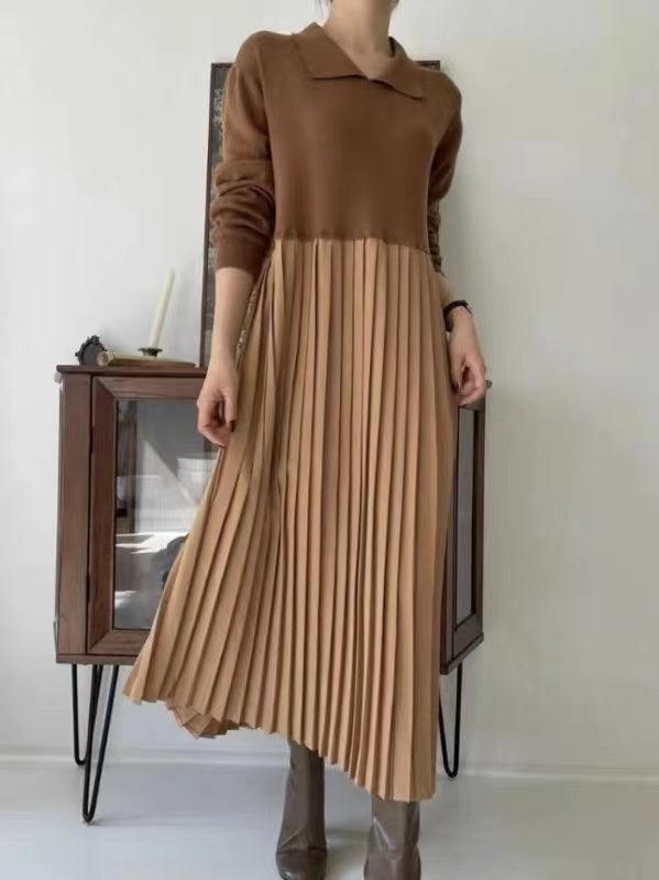 lovevop Knit Pleated Split-joint Long Dresses