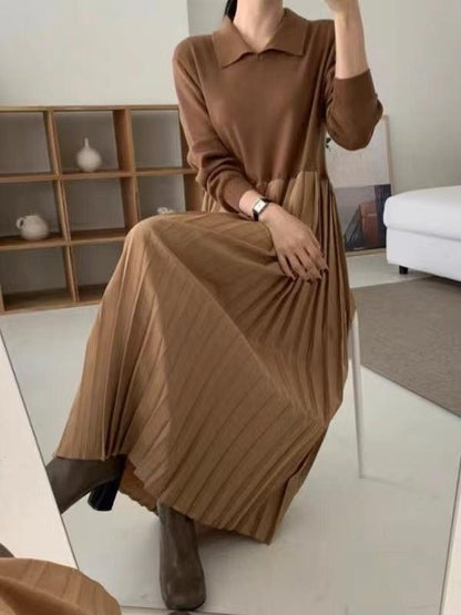 lovevop Knit Pleated Split-joint Long Dresses