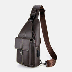 lovevop Men Genuine Leather USB Charging Retro Casual Cowhide Chest Bag Sling Bag Crossbody Bag