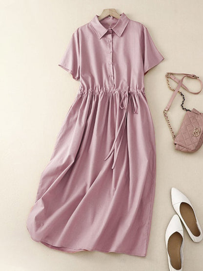 Lovevop Belted Solid Color Shirt Dress