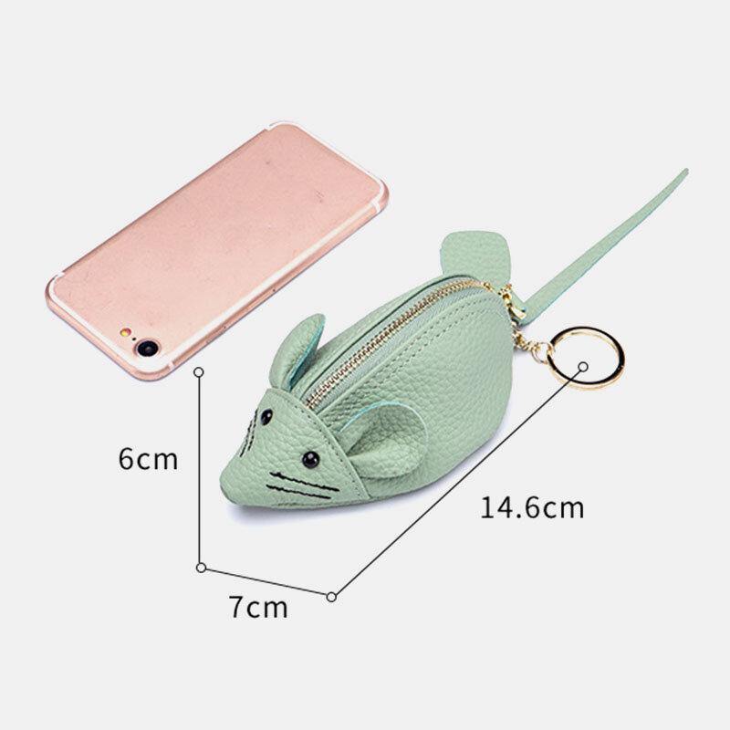 elvesmall Women Genuine Leather Casual Cute Animal Mouse Pattern Mini Keychain Coin Bag Storage Bag