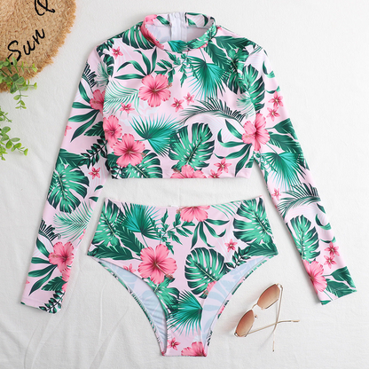 Split Long Sleeve Zipper High Waist Swimsuit