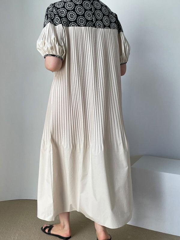 lovevop Vintage Crew Neck Heavy Embroidered Puff Sleeve Pleated Dress