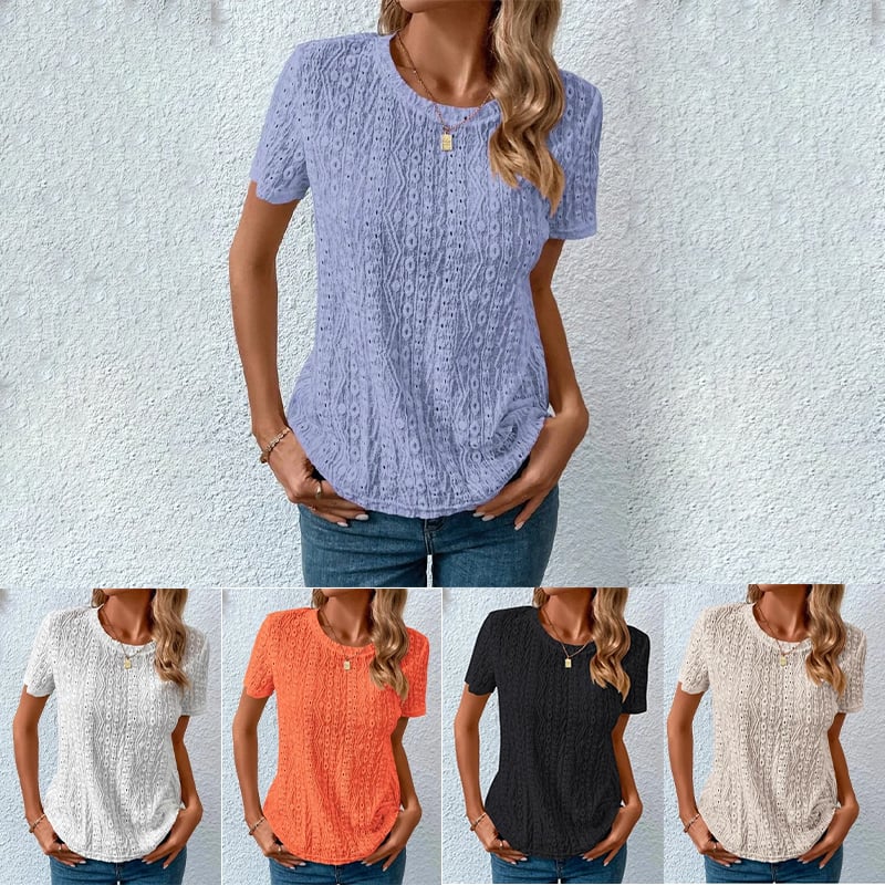 Sweet round neck hollow short-sleeved T-shirt female