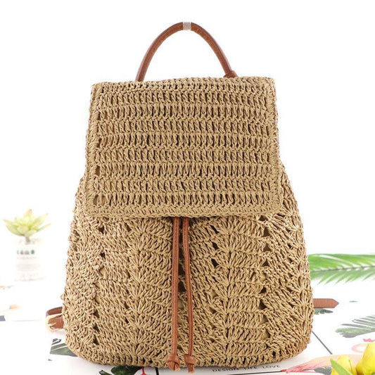 lovevop Women Mori Series String Straw Bag Dual-use Woven Bag Retro Beach Bag Backpack