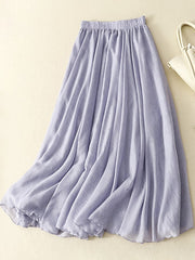 Lovevop Cotton Linen Elastic Waist Casual Swing Skirt
