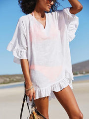 Women's V Neck Ruffles Vacation Beach Cover Up Dress