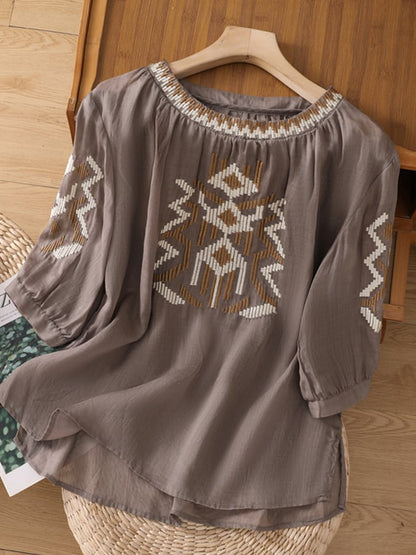 Lovevop Embroidered Round Neck Temperament Ladies Casual Shirt