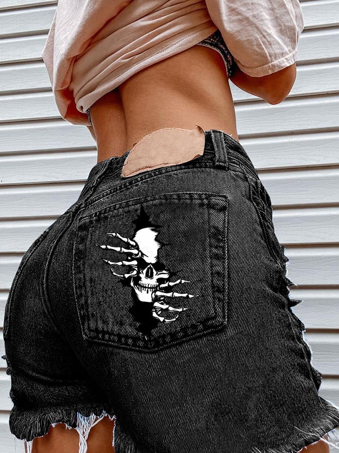 Skull Print Hip Sexy Denim Shorts