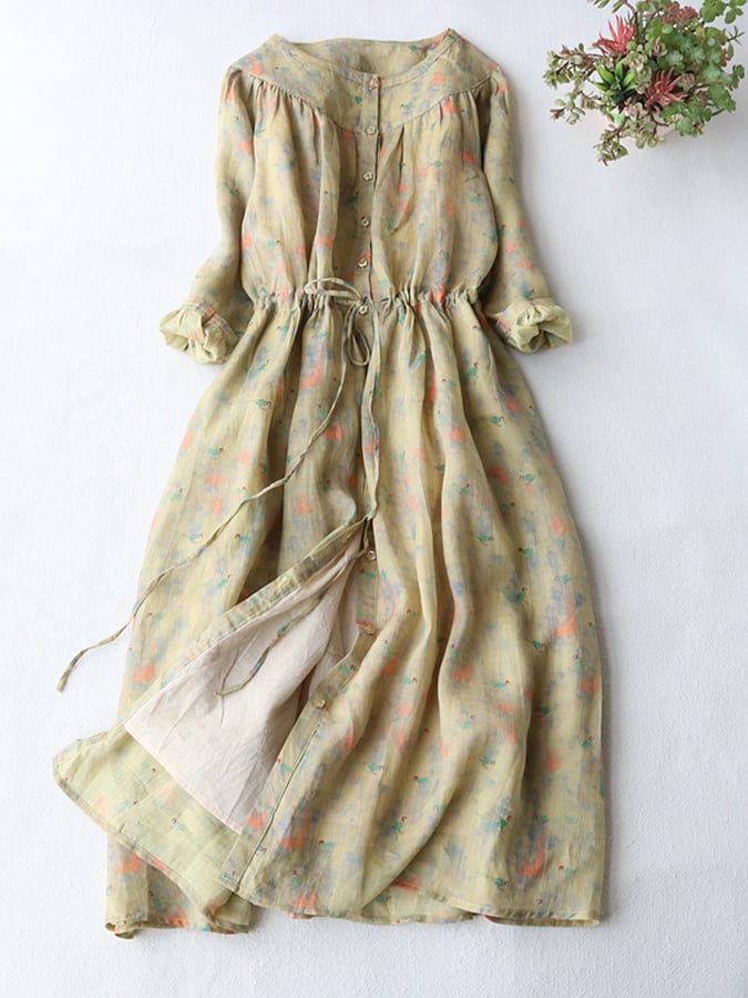 Cotton And Linen Retro Waistband Printed Lace Up Dress