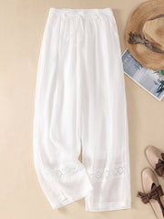 Lovevop Cotton Lace Stitching High Waisted Casual Wide Leg Pants
