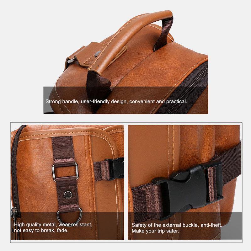 lovevop Men PU Leather Large Capacity Multifunction Headset Hole USB Charging Short Trip Sling Bags Crossbody Bag Chest Bag