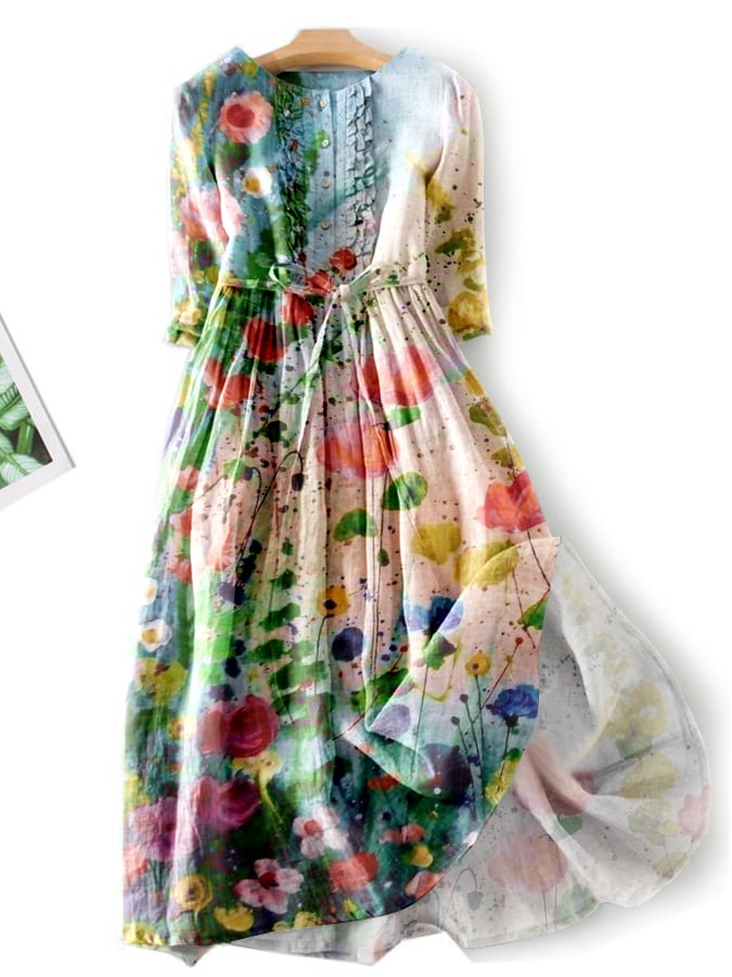 Lovevop Stylish Elegant Oil Painting Floral Print Dress