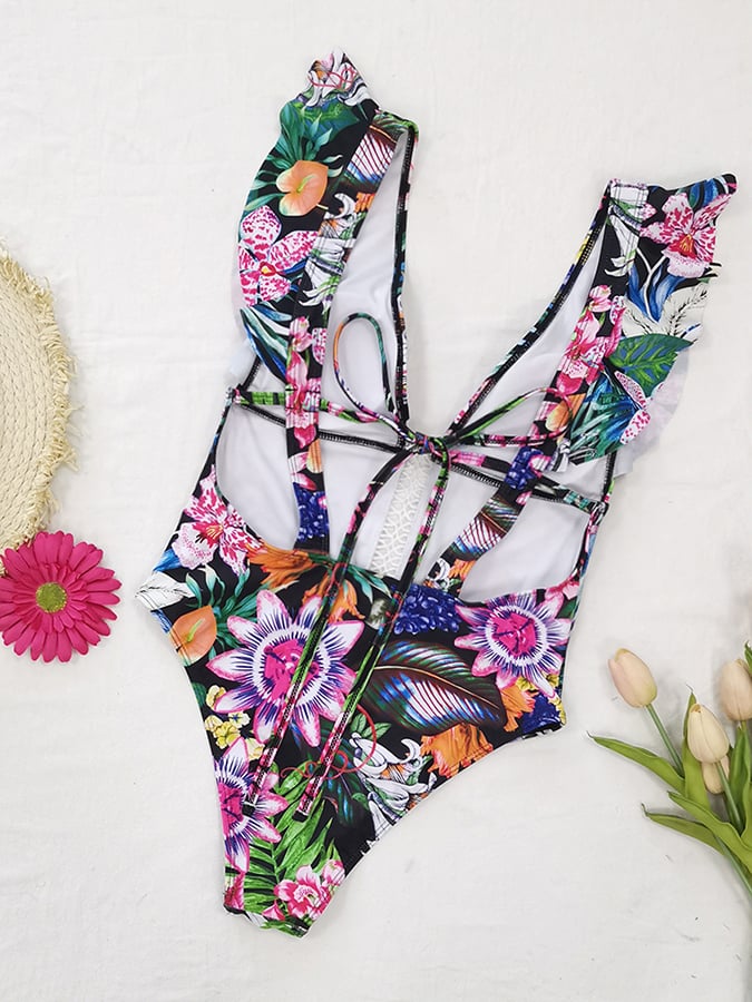 Ruffle Deep V Cut-Out Printed One Piece Swimming Suit