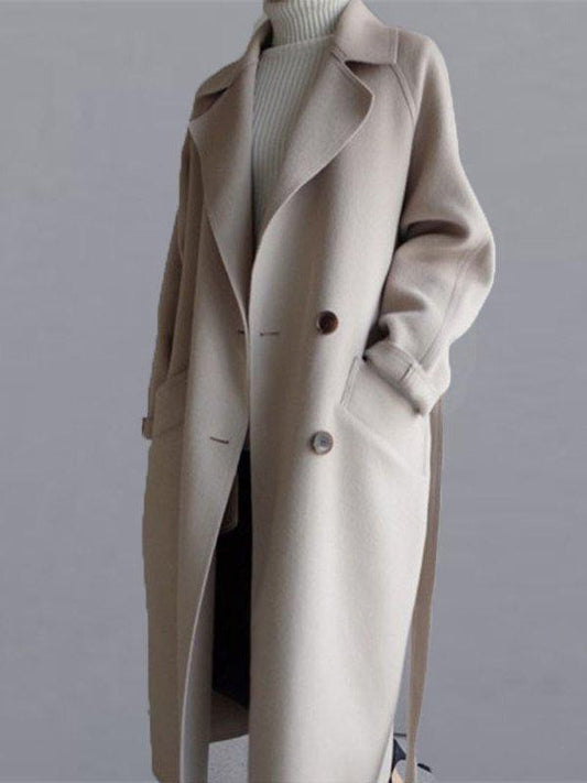 lovevop Urban Loose Solid Color Belted Woolen Coat