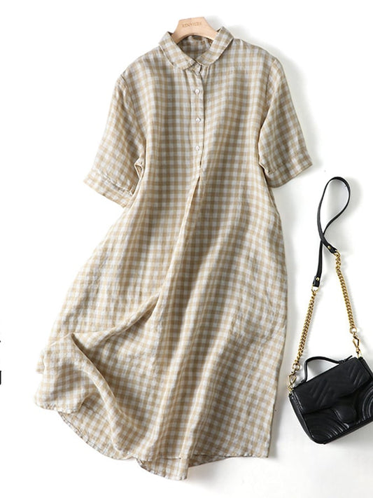 Artistic Retro Cotton Linen Check Dress