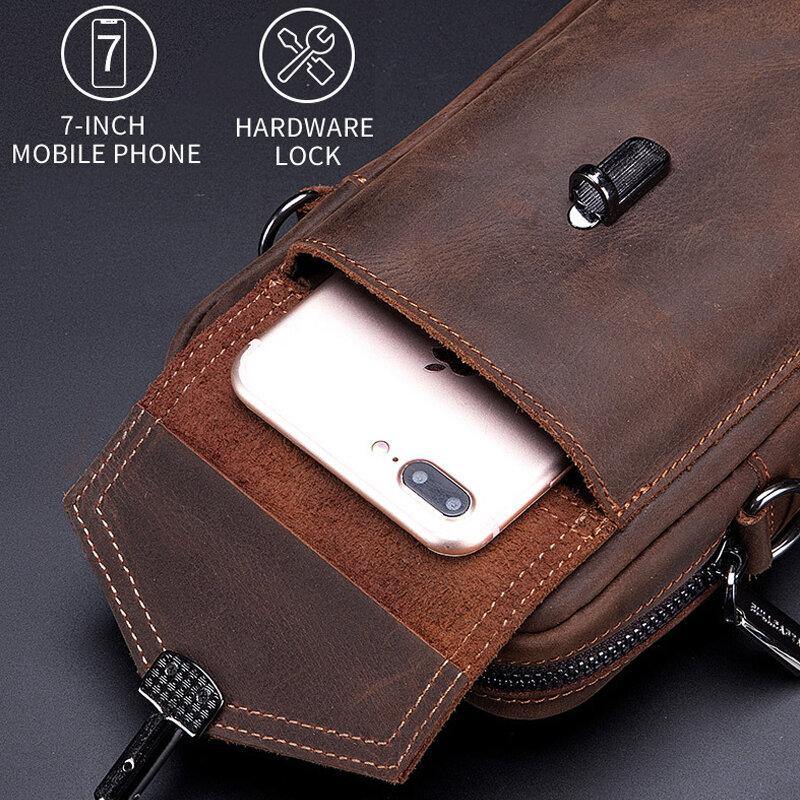 lovevop Men Genuine Leather Large Capacity Vintage 6.5 Inch Phone Bag Waist Bag Shoulder Bag Crossbody Bag