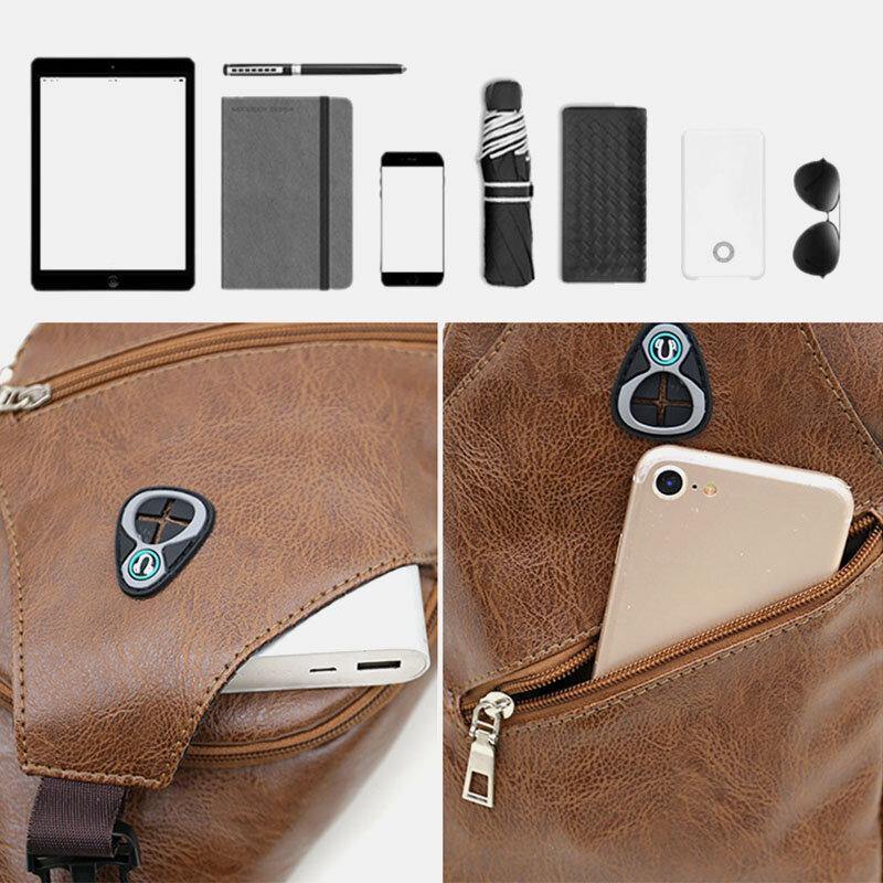 lovevop Men Faux Leather USB Charging Earphone Travel Retro Business Chest Bag Crossbody Bag