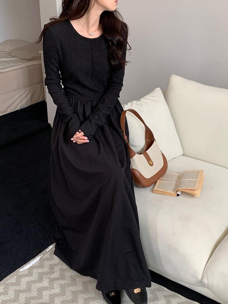 lovevop Crew Neck Pleated Long Sleeve Swing Dress