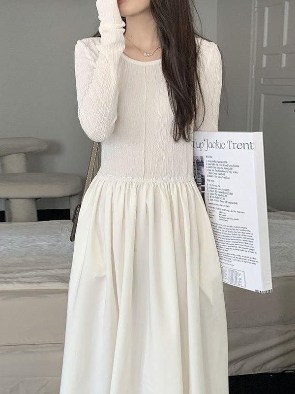 lovevop Crew Neck Pleated Long Sleeve Swing Dress