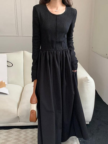 lovevop Crew Neck Pleated Long Sleeve Swing Dress