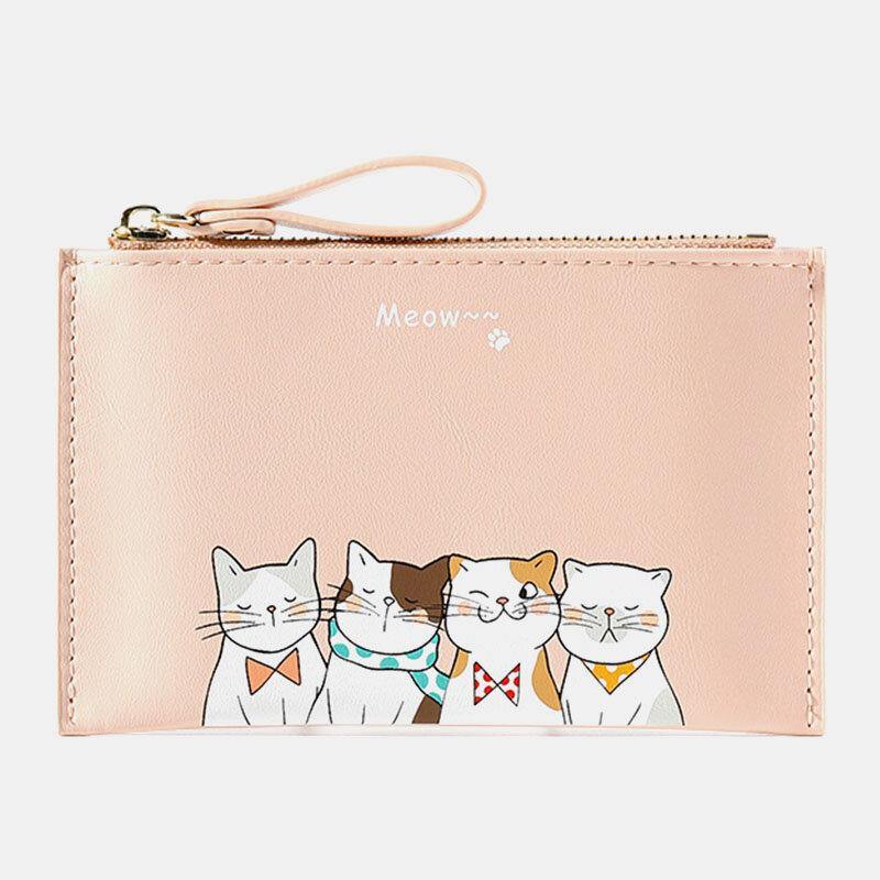 elvesmall Women Faux Leather Cute Cartoon Cats Printing Ultra-thin Card Case Coin Bag Wallet