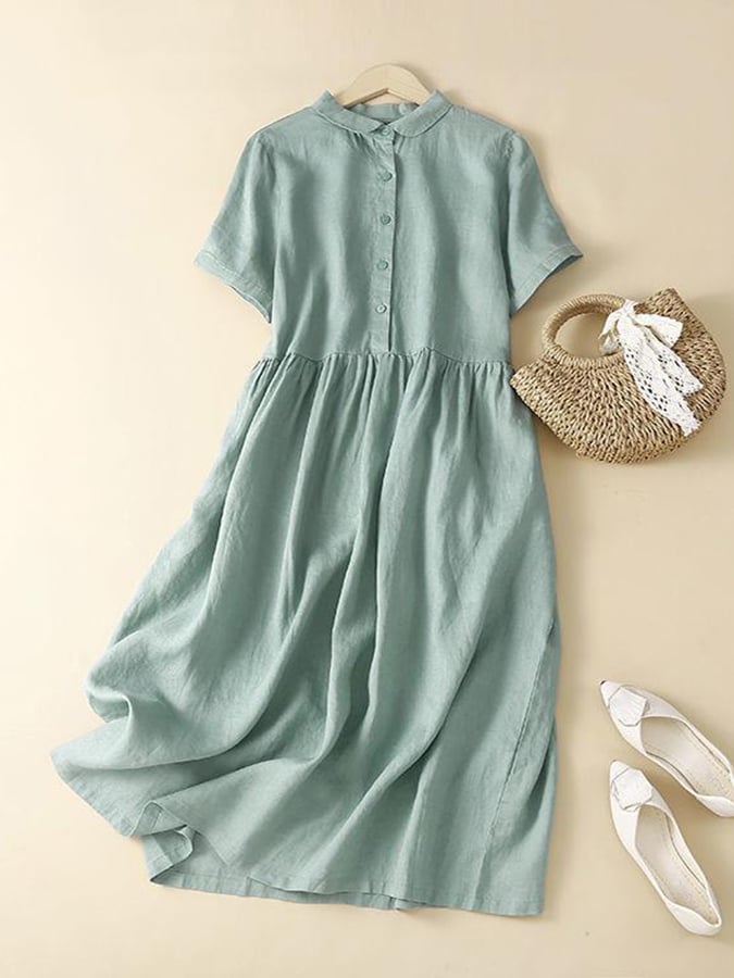 Lovevop Cotton Linen Short Sleeved Solid Color Casual Dress
