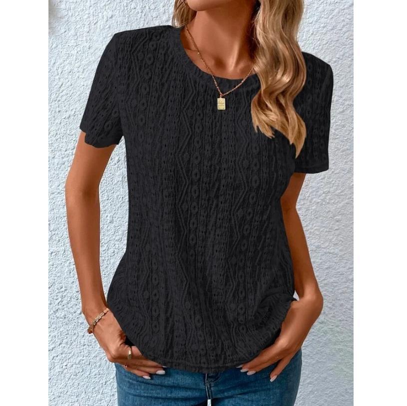 Sweet round neck hollow short-sleeved T-shirt female