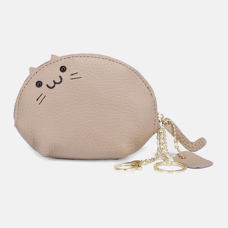 elvesmall Women Genuine Leather Casual Cute Animal Cat Pattern Mini Hanging Coin Bag Storage Bag