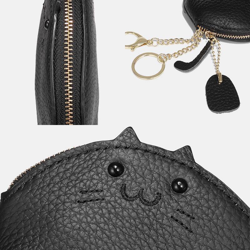 elvesmall Women Genuine Leather Casual Cute Animal Cat Pattern Mini Hanging Coin Bag Storage Bag