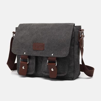 lovevop Men Genuine Leather And Canvas Retro Travel Outdoor Multi-pocket Carrying Bag Crossbody Bag