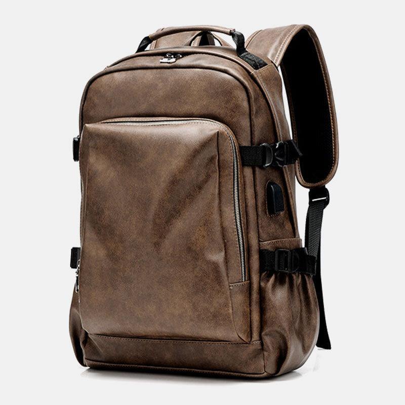 lovevop Men PU Leather USB Charging Business Casual Waterproof 14 Inch Laptop Bag Student School Bag Adjustable Backpack