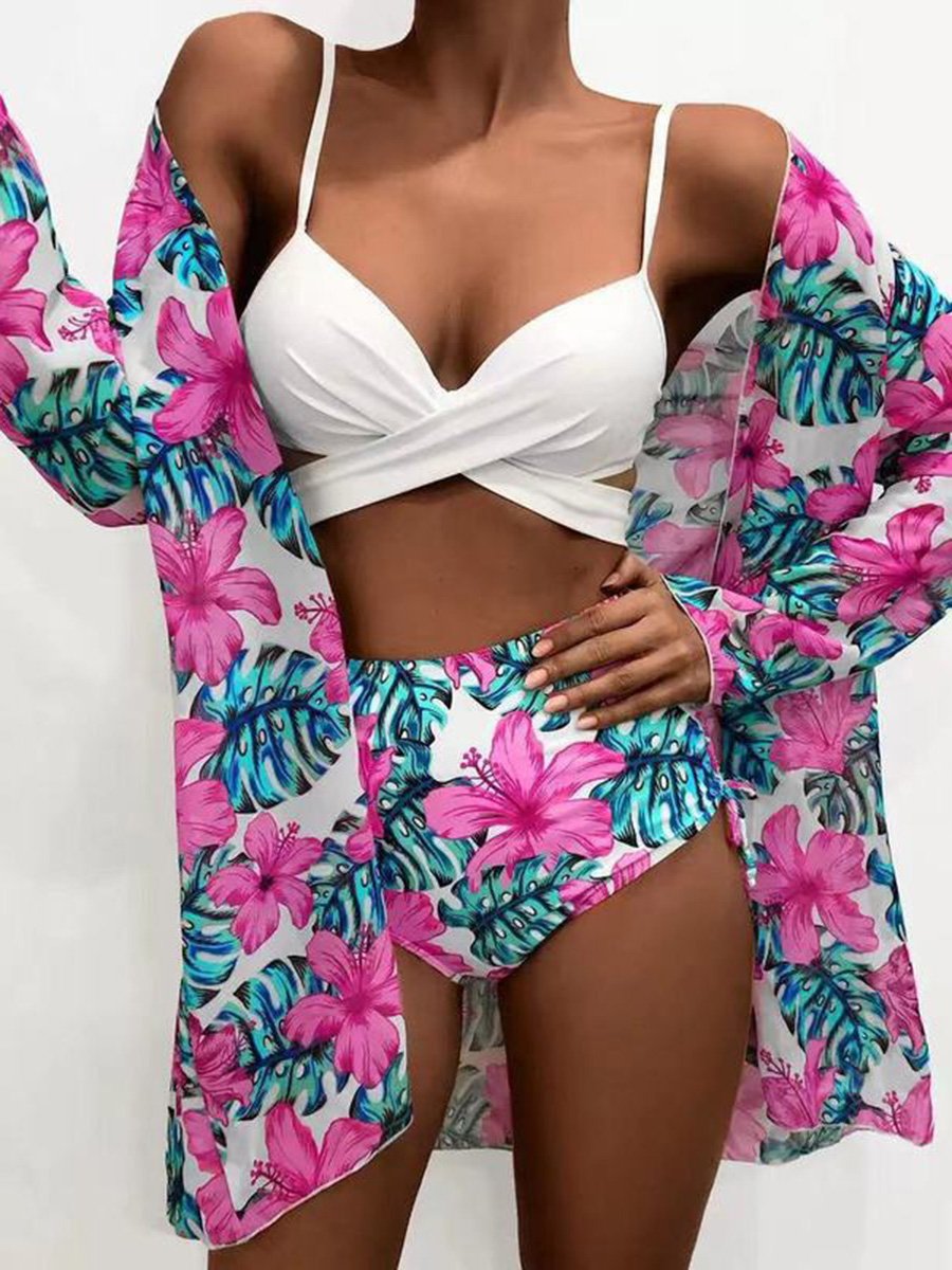 Three Piece Bikini Printed Sunscreen Cover Split High Waisted Swimsuit