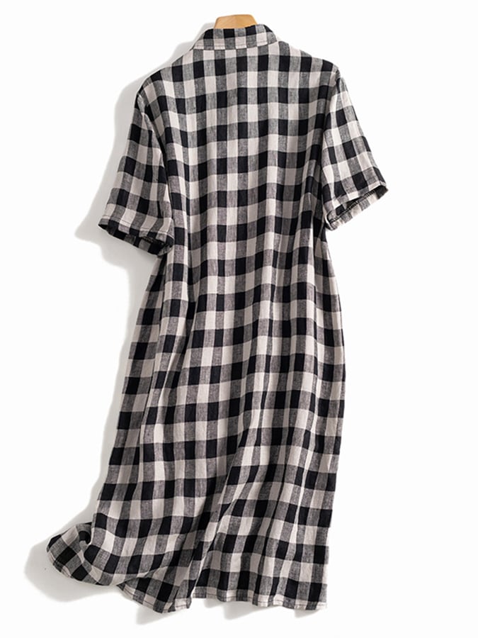 Lovevop Polo Neck Short Sleeved Plaid Linen Shirt Skirt