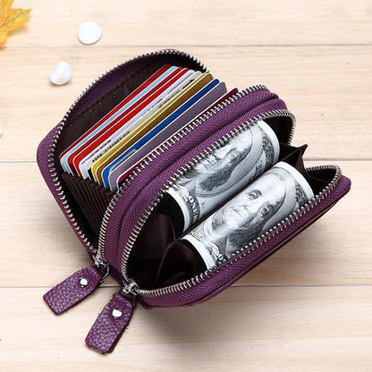 elvesmall Genuine Leather RFID Double Zipper 11 Card Holder Coin Bag