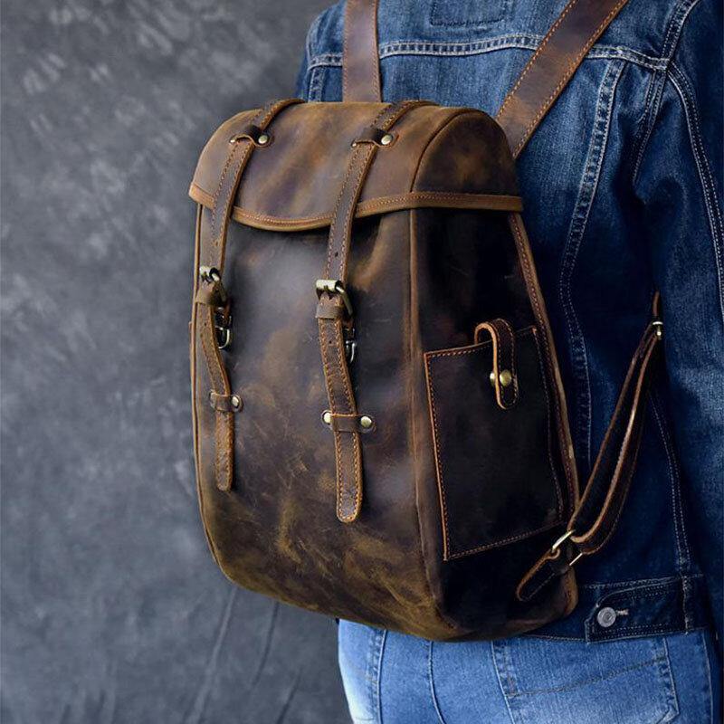 lovevop Men PU Leather Contrast Color Vintage Business Outdoor Large Capacity 14 Inch Laptop Bag Backpack