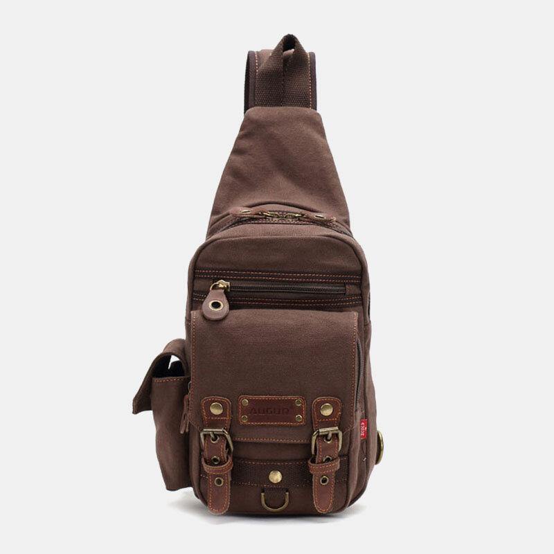 lovevop Men Genuine Leather And Canvas Travel Outdoor Carrying Bag Personal Crossbody Bag Chest Bag