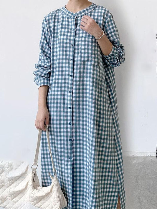 lovevop Simple Loose Plaid Long Dress