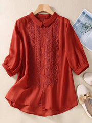 Lovevop Solid Color Lapel Embroidered Casual Top